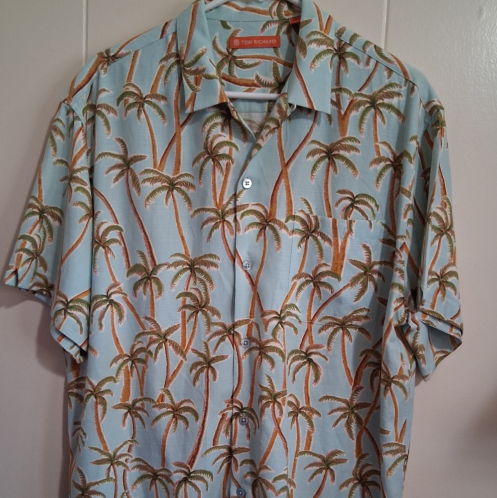 Men's Silk Blend Hawaiian Palm Tree Print Tory Richard's Shirt Size Large